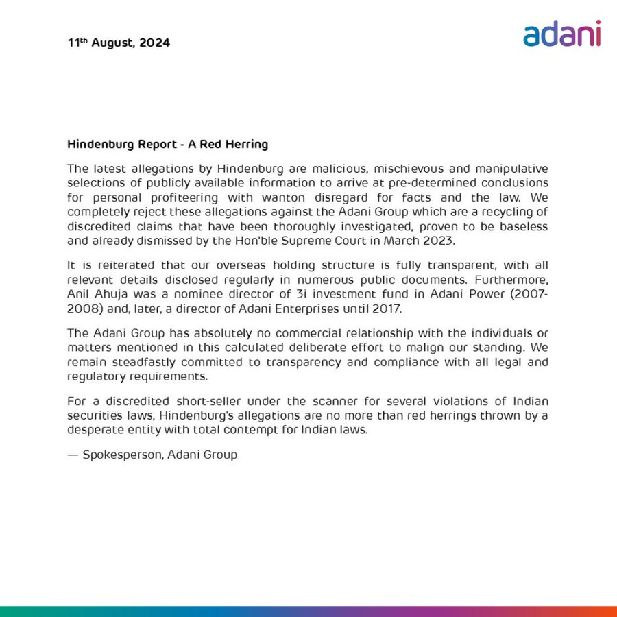 Adani response on Hindenburg's Swiss money news